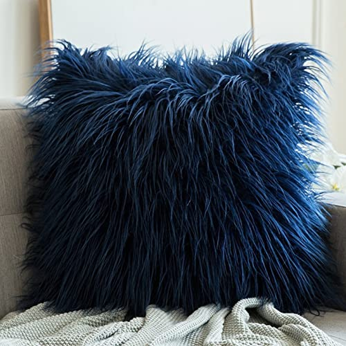 Lifup 2er Set Zierkissenbezüge Faux Lammfell Schaffell Nachahmung Wolle Dekorativ Kissenbezug für Sofa Wohnzimmer Schlafzimmer Büro Auto Dunkelblau 45 x 45 cm
