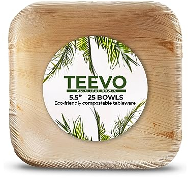 Teevo Palm Leaf Bowls x 25, Disposable Bowls for Parties, Strong 5 Square Party Bowls, Outdoor Tableware for Garden, BBQ, Camping, Picnic, Natural & Sustainable, Reusable, Eco Friendly, Compostable