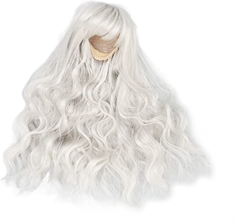 Qcwwy Perücke für Puppen mit Kugelgelenk, Soft-Touch, Lockig mit Pony, Zuschneidbar, Silber grau, 1/6