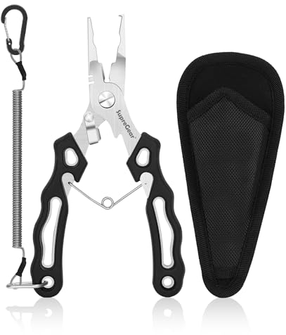 supregear Fishing Pliers, Stainless Steel Multipurpose Split Ring Pliers Wire Cutting Tool with Safety Lanyard and Nylon Sheath, Black