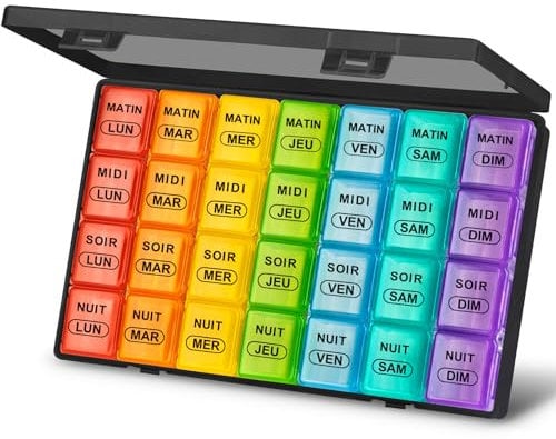 Tablettenbox 7 Tage Große Fächer, Medikamentenbox 7 Tage 4 Fächer BPA Frei Tabletten Box 7 tage Morgens Mittags Abends Nachts, Woche Pillen Organizer Pillendose Groß Reise für Vitamin(Black+Rainbow)