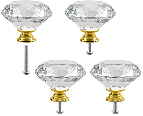 Cabinet Knobs Crystal 4PCS 50mm Clear Glass Diamond Shape Drawer Knobs Diamond Cabinet Dresser Pulls Door Knobs Cupboard Wardrobe Handles for Kitchen Office Cupboard Dresser Drawers (8PCS, Gold)