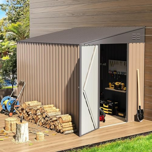 YODOLLA 2.46x1.8m Lean to Storage Shed, Metal Garden Shed, Outdoor Storgae House with Design of Lockable Door, Garden Storage Shed For Firewood, Garbage Can, Bike, Grey and Light Tan