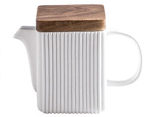 Soulnioi Ceramic Teapot,with Acacia Wood Lid,Ceramic Square Teapot,Porcelain Coffee Pot Cups,with Stainless Steel Infuser for Home&Office White