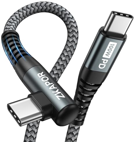 ZKAPOR Cable USB C a USB C 2M, 90 Grado Cable USB C 100W Cable Tipo C Carga Rapida Nylon para iPhone 15/15 Pro Max, Samsung Galaxy S23/S22/S21, Pad Pro, Air, Note 20, Huawei P40/Mate 60, Pixel -Gris