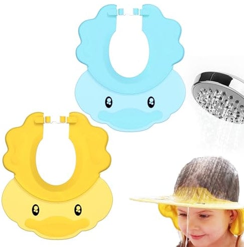 Hair Washing Aids for Kids - Baby Shower Cap Adjustable Hair Washing Shield for Kids, Toddler Shampoo Cap with Ear Covers, 2 Pack Duck Shaped Visor for Eye Protection (Blue & Yellow)