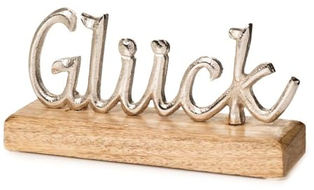 LB H&F Schriftzug GLÜCK Deko Holz Metall Silber Buchstaben zum hinstellen Natur (Glück)