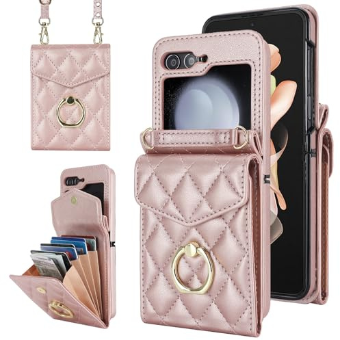 SINQERISHT Handykette Handyhülle für Samsung Galaxy Z Flip 5 5G Wallet Hülle PU Leder Case mit Kartenfach& 360° Ring Ständer Klapphülle Magnetverschluss Cover(Roségold)