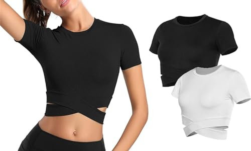 T-Shirt Damen Sportshirt Kurzarm Crop Top Sexy Sport Oberteil Bauchfreie Sommer Laufshirt Sporttop Yoga Fitness Shirts (DE/NL/SE/PL, Alphanumerisch, L, Regular, Regular, Schwarz+Weiß)
