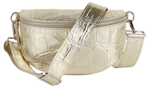 MIRROSI® Bauchtasche Damen, Made in Italy, Echtleder Umhängetasche Echtes Leder, Brusttasche, Crossbody Bag aus Echtem Leder, in 3 Größen erhältlich (Gold Silberner Reißverschluss) (Gr.M)
