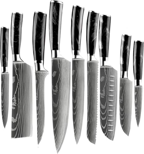 Shinrai Japan Messerset - 9-teiliges Küchenmesser Set - Japanisches Messer mit Japanisches Damastmuster - Kochmesser Mit Luxus-Geschenkbox - Onyx