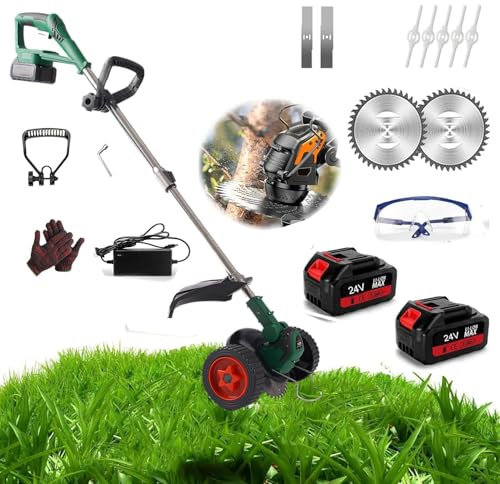 Desbrozadora Bateria De 24 V, Cortadora De Césped Portátil con Ruedas con 2 Baterías, 2000w Corta Cespedes De Batería con 4 Tipos De Cuchillas, para Césped Jardín Poda (Tiene Ruedas)
