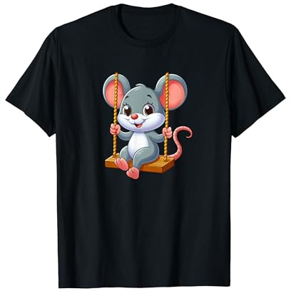 Quirky Mouse on Swing Cartoon Design T-Shirt