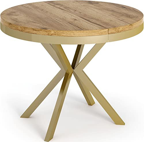 WFL GROUP Runder Ausziehbarer Esstisch - Loft Style Tisch mit Goldenen Metallbeinen - 120 bis 200 cm - Industrieller Tisch für Wohnzimmer - Kompakt - 120 cm - Craft Eiche
