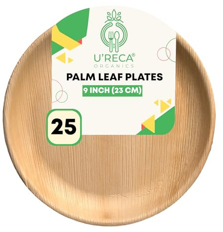 U'reca Organics Eco-Friendly Areca Palm Leaf Round Plates | 9 - Pack of 25 | Great for Pasta, Rice Bowls & Full Meals | Tree-Free, Heavy-Duty, Plastic-Free