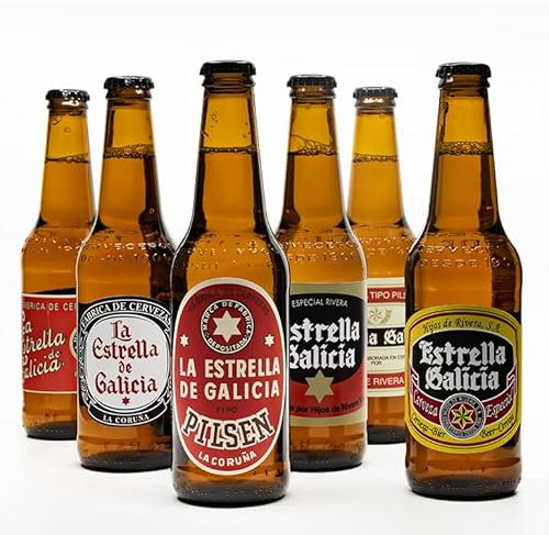 Colección de botellas de cerveza Estrella Galicia, variedad de etiquetas históricas, 6 botellas de 33 cl