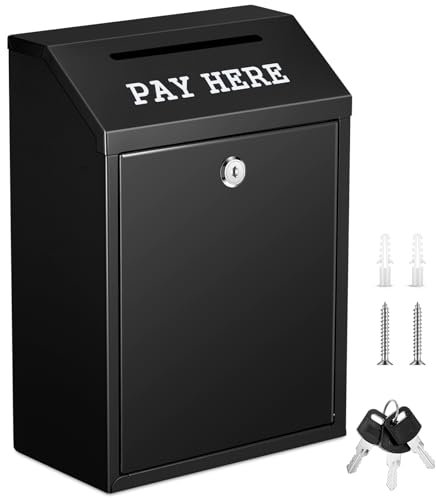 Yaocom Safe Cash Box Money Collection Box Metal Donation Box with Lock Wall Mount Pre Drilled Mailbox Delivery Ballot Box for Home Office Outdoor Self Serve Stand(Black,11.8 x 8.6 x 4.7 Inch)
