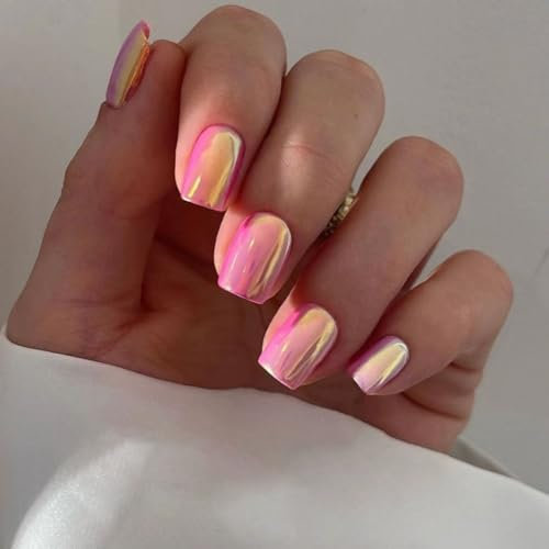 Chrome False Nails Short, SXVME Glazed Bright Pink Press On Nails Short Square, Glitter Shine Fake Nails Glue on Nails Cute, Acrylic Stick on Nails for Women Daily & Party Wear