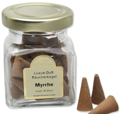 LivuX Räucherkegel „Luxusdüfte Myrrhe“ – 35 STK. im Glas – Tief-würziger Duft für Meditation, Entspannung und spirituelle Atmosphäre 1084