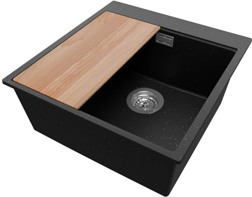 PRIMAGRAN Fregadero Cocina Negro Metallic 48x50cm, Granito 1 Seno + Sifón + Tabla de cortar, Sobre encimera al mueble 50cm - Oslo S147