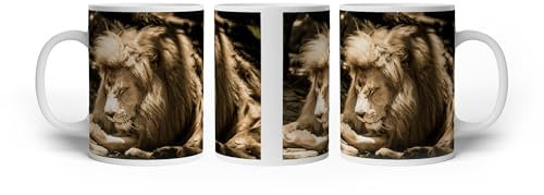 deyoli Taza de cerámica blanca con diseño de león – El rey en su esplendor 300 ml