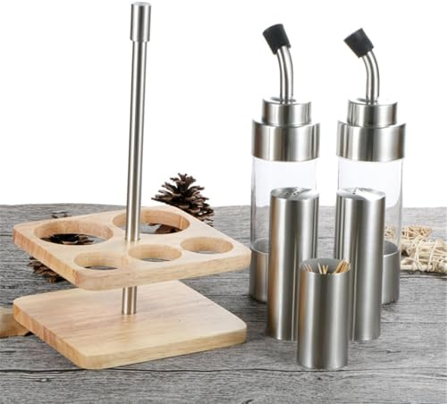 4er-Menage Für Salz, Pfeffer, Öl Und Essig, Mit Passendem Ständer, 5-tlg, 2 Streuer Und 2 Flaschen, Fassungsvermögen: 40/160 Ml, Tischzubehör Für Küche Nachfüllbares Design