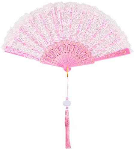 CREATCABIN Pink Lace Folding Fan Line Dance Popping Fan Lolita Embroidered Foldable Fan Clack Fan for Dancing Performence Party Wedding Decor Tea Party Fans Protable Cooling Hand Fan 10in