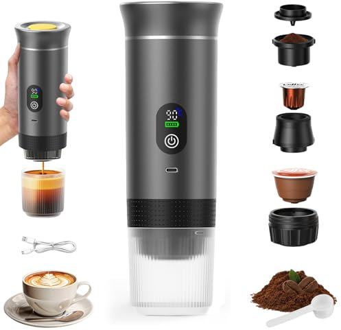 VHV Cafetière Portable 3 en 1,Rechargeable Cafetière Portable de Voyage,12V Expresso Machine a Cafe pour Capsule,Café Moulu,pour Camping,Voyage,Bureau,Voiture,Maison (Gris)