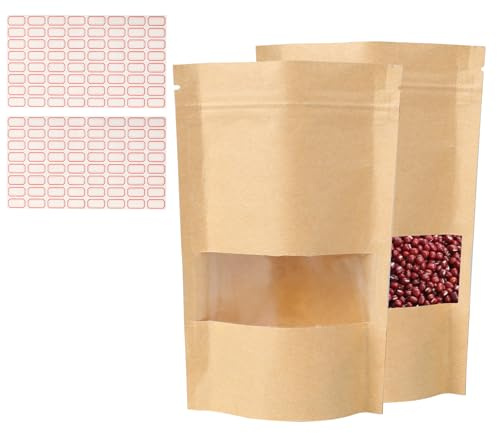 CxutSa 100pcs Natale Sacchetti di Carta Kraft con Finestra Carta per Alimenti Sacchetti di Kraft Zip 2 Fogli Adesivi Carta per Caramelle Tè Chicchi di caffè Noci a Guscio Semi I cereali
