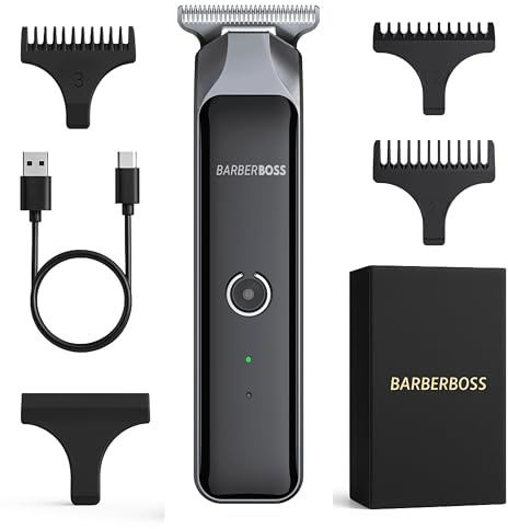 BarberBoss Cordless Hair Trimmer for Men, Beard T-Blade Groomer, Waterproof Grooming Kit with 4 Guide Combs, LCD Display, USB Fast Charging, Face & Body Hair Clipper (Black)