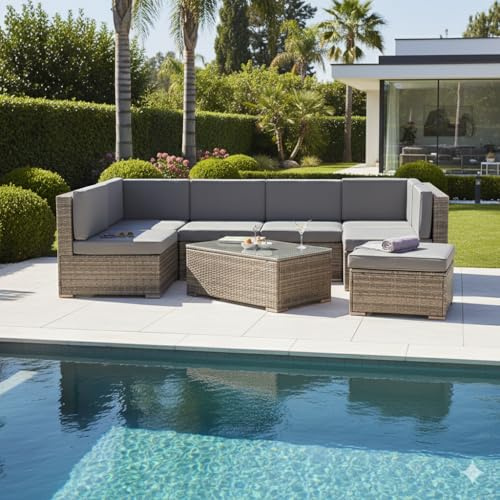Mucola Gartenmöbel Set Polyrattan Lounge XXL modular mit Tisch Grau