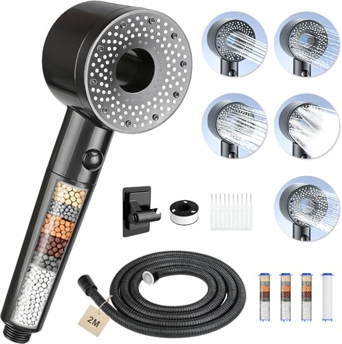 FALSKT Pommeau de Douche Anti Calcaire avec 5 Modes avec Tuyau Douche 2M | Pommeau de Douche Haute Pression Pommeau de Duche Economie Deau Douchette avec 4 Filtre Douche,Support de Douche,Brosse