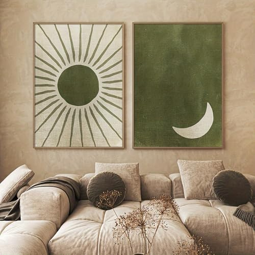 Xiyocadt 2er Poster Set, Grün Abstrakt Sonne und Mond Wandbilder Wohnzimmer, Boho Bilder Deko Wanddeko,für Wohnzimmer Schlafzimme, ohne Rahmen (40x50cm)