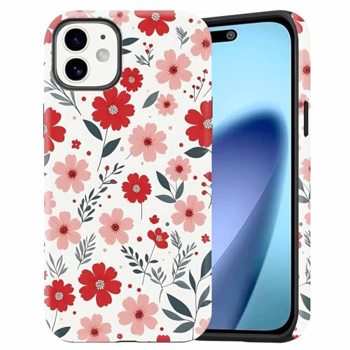 Dahimomo Floral Print Cute Phone Case for iPhone 12/iPhone 12 Pro 6.1, 2-in-1 Girly Aesthetic Design Red Flower Pattern, Camera Lens Protective Shockproof Bumper Slim Cover for Girl Women