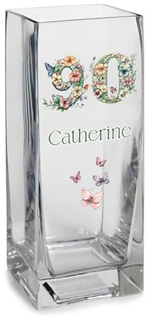 Personalised 90th Birthday Flower Vase with Floral Numbers, 20cm Tall, 8cm Diameter, Decorative Centrepiece Gift