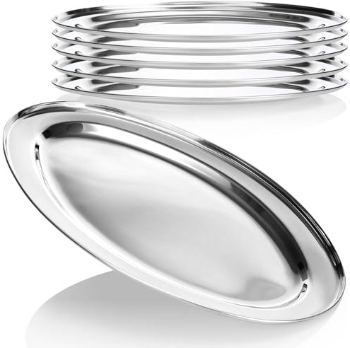 com-four® set da 6 vassoi in acciaio inox, forma ovale per servire e decorare, piatti decorativi per matrimoni compleanni eventi familiari (45x29cm - 6 pezzi)