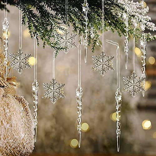 ToBeIT Weihnachtsdeko 20 Stücke Acryl Schneeflocken und Eiszapfen Weihnachtsbaum Anhänger- Christbaumschmuck Kunststoff Eiszapfen und Schneeflocken Winterdekoration (Länge 127mm)