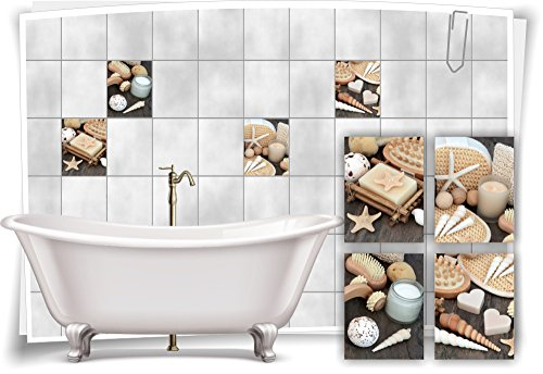 Medianlux Fliesenaufkleber Fliesenbild Muscheln Kerze Holz Wellness SPA Aufkleber Sticker Deko WC Bad, 15x20cm fp5p125h-71338