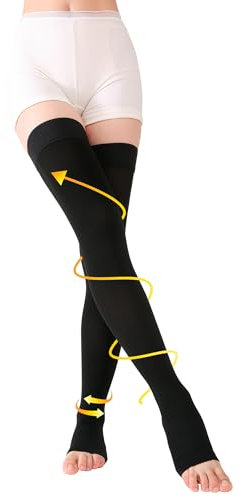 TOFLY Bas de compression à cuisse haute, opaque, soutien ferme Compression de gradient de 15-20 mmHg avec bande de silicone, bas de compression à bout ouvert, gonflement du traitement, Noir L