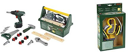 Theo Klein 8520 Bosch Werkzeug-Box I Mit Hammer, Säge, Rollgabelschlüssel und vielem mehr I 31 cm x 16,5 cm x 12,5 cm & Bosch 3-teiliges Zubehör-Set I Arbeitshandschuhe, 19,5 cm x 7 cm x 33,5 cm