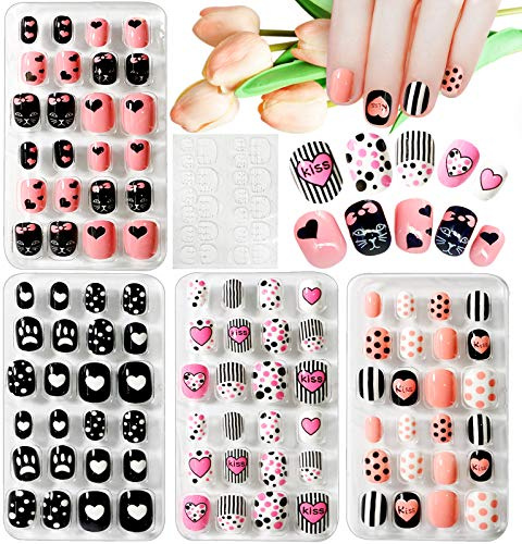 Kalolary 96PCS Kids False Nail, Children Nails Press on Pre-glue Full Cover Dot Heart Pattern Short False Nail Kits with 1pcs Nail Glue Sticker, Lovely Gift for Kids Little Girls - C