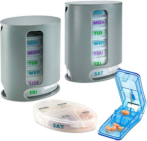 Pastilleros semanales con cortador de pastillas (paquete de 2) 4 veces al día Recordatorio del dispensador de medicamentos semanal, compartimentos apilables de 7 días: mañana, mediodía