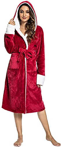 UMIPUBO Women Dressing Gown Fleece Oversized Hooded Soft Bath Robe Fluffy Hooded Bathrobe Winter Blanket With Pocket Long Robe Housecoat Loungewear （Red）