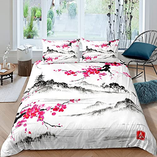 Japanischer Stil Kirschblüten Bettbezug Set Aquarell Tuschemalerei Bettwäsche Set 135x200cm für Mädchen Frauen Jugendliche Erwachsene Dekor Rosa Blumen Landschaft Betten Set mit Reißverschluss