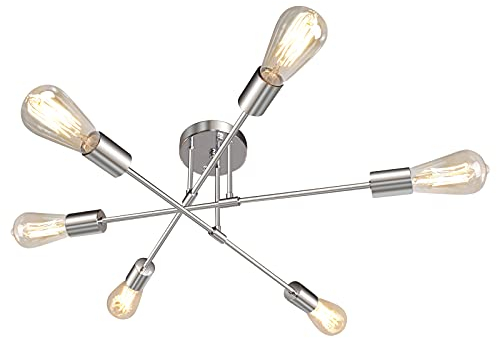 JHLBYL Chrome Metal Sputnik Ceiling Light, 6-Light Silver Semi Flush Mount Ceiling Lights with E27 Base, Modern Adjustable Ceiling Lighting for Living Room, Bedroom, Dining Room