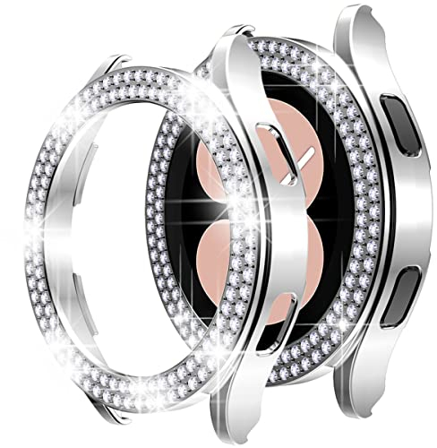Miimall Coque compatible avec Samsung Galaxy Watch Active 4 40 mm/44 mm, double rangée de strass avec cadre rigide en polycarbonate résistant aux chocs pour Galaxy Watch Active 4 - Argenté