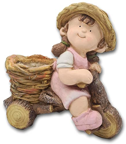 Wichtelstube-Kollektion XL Gartenfigur Katharina auf Dreirad Dekofigur mit Blumentopf Outdoor 40cm hoch 40cm breit Gartenfiguren Wetterfest für Außen Gartendeko