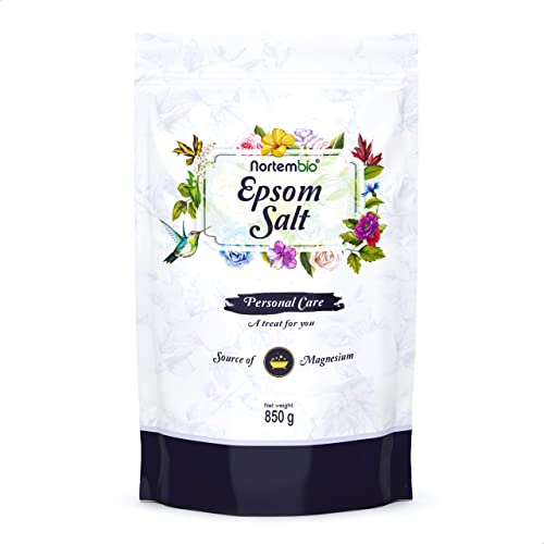Nortembio Sali di Epsom 850 g. Fonte Concentrata di Magnesio Naturale. Sale da Bagno 100% Puro, Senza Additivi. Rilassamento Muscolare e Dormire Bene. E-Book Incluso.