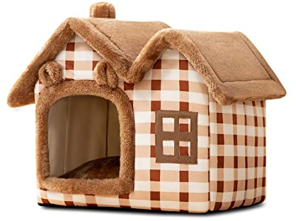 Galatée Katzenhöhlenbett, Warmes Und Gemütliches Plüsch-Katzen-Iglu, Waschbares Hundebett Mit Abnehmbarem Kissenkissen, Verbessert Den Schlaf, Faltbares Katzenhaus(L, Braun)