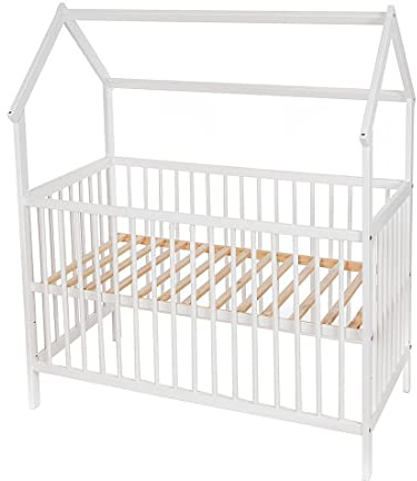 Generisch Baby Delux Babybett Kinderbett Hausbett 120x60 cm weiß mit Dach Rollrost 3-Fach höhenverstellbar (ohne Matratze)